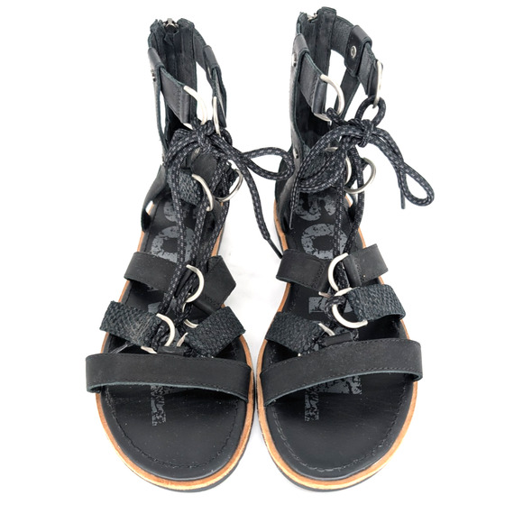 Sorel Ella Womens Black Leather Lace‎ Up Strappy Gladiator Back Zip Flat Sandals - Picture 3 of 11